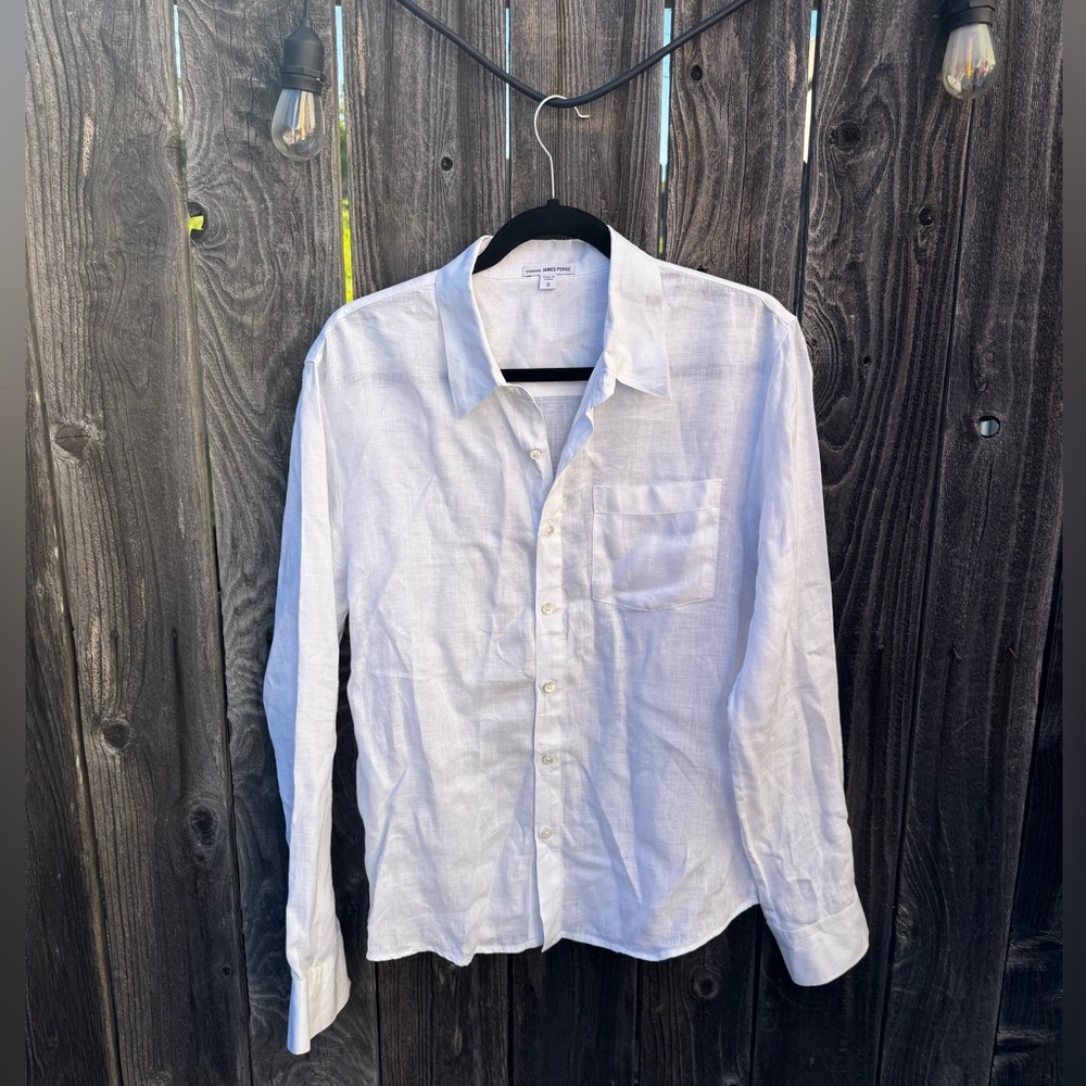 James Perse Men’s Lightweight 100% Linen Shirt White Button Down Shirt